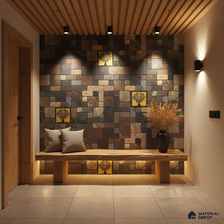 Modern foyer with stone cladding accent wall, wooden bench, and slatted wood ceiling in Bengaluru