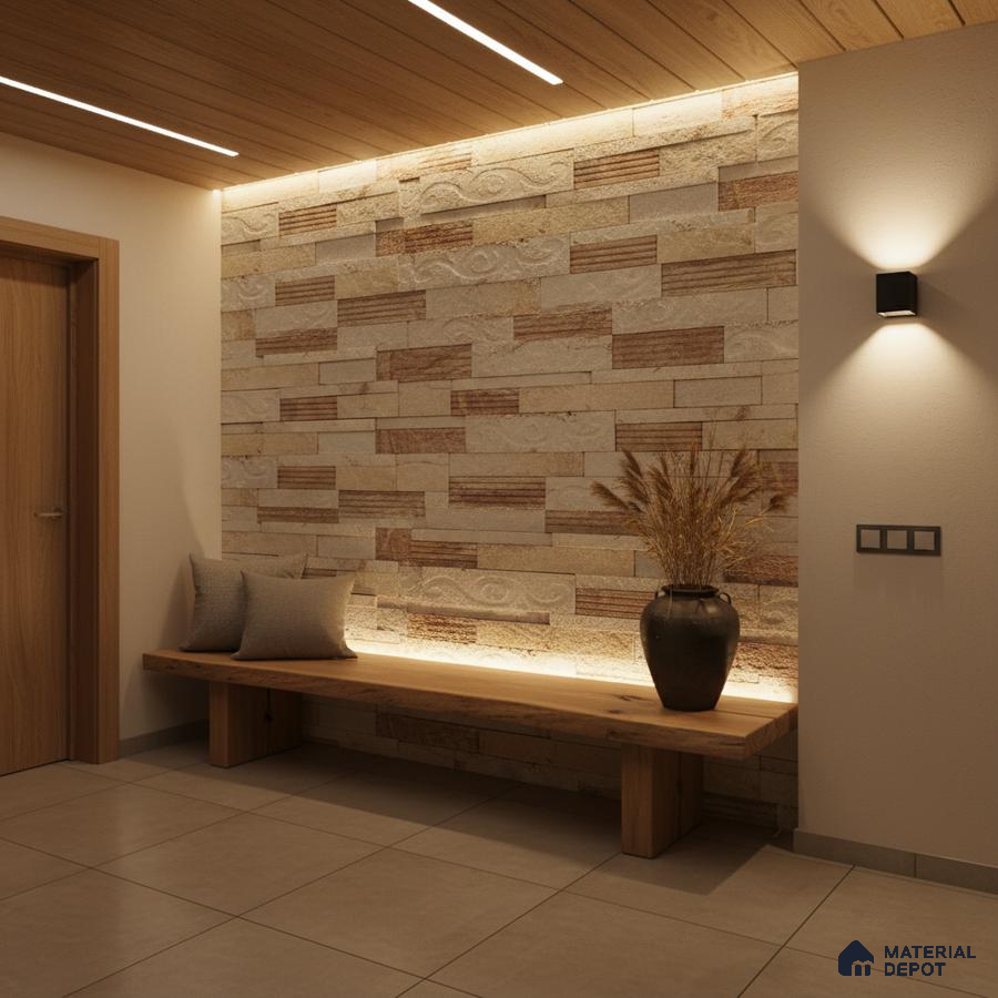 Modern foyer with stone cladding accent wall, wooden ceiling, and beige floor tiles in Bengaluru