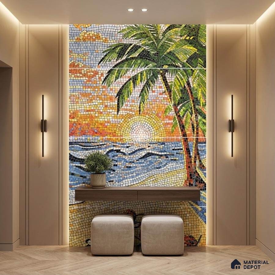 Modern foyer with tropical mosaic poster wall mural tile accent wall and beige wood flooring