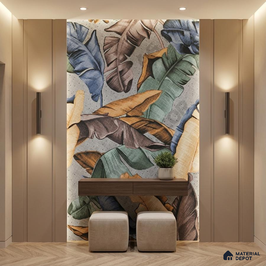 Modern foyer with tropical patterned wallpaper, beige wall panels, and wooden floating console