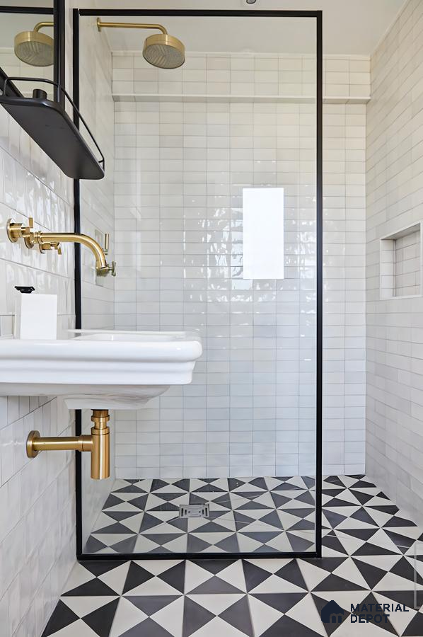 Modern Geometric Floor Tiles with Glossy White Wall Tiles | Material Depot