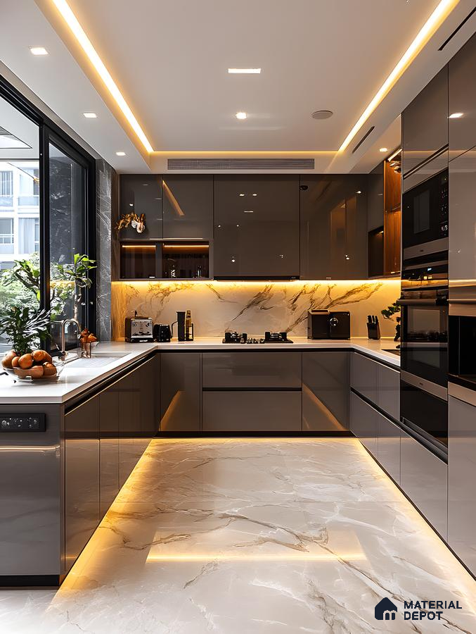 Modern Glam Kitchen With Mocha Glossy Acrylics, Calacatta Marble Surfaces & Luxe Ambient Lighting | Material Depot