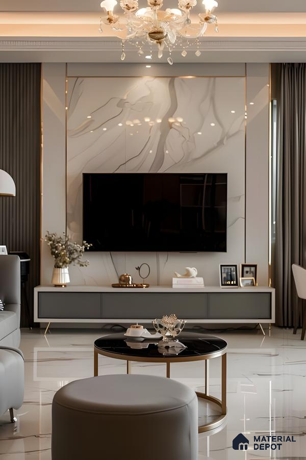 Modern Glam Tv Wall With Marble Backdrop And Luxe Accents | Material Depot