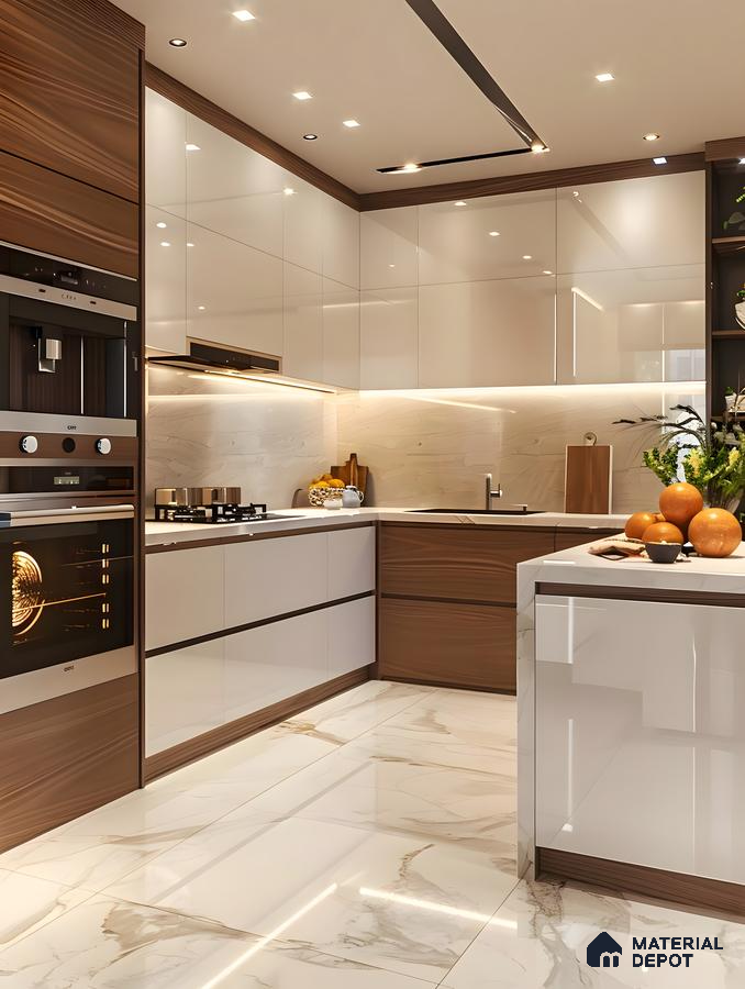 Modern Glossy Kitchen With Wood Accents And Marble Look Flooring | Material Depot