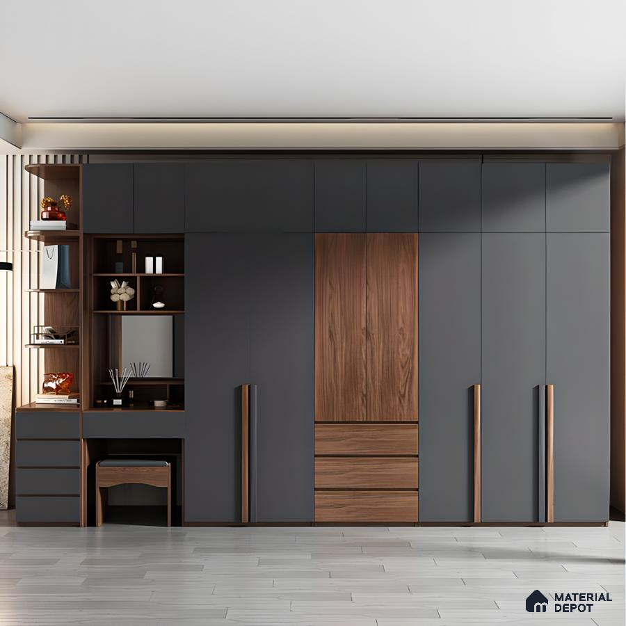 Modern Gray Wardrobe with Built-in Dressing Table and Wood Accents | Material Depot