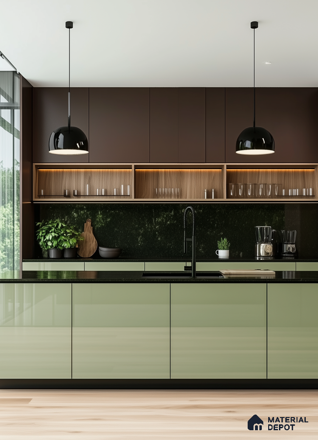 Modern Green and Brown Kitchen with Black Backsplash and Wooden Shelves | Material Depot
