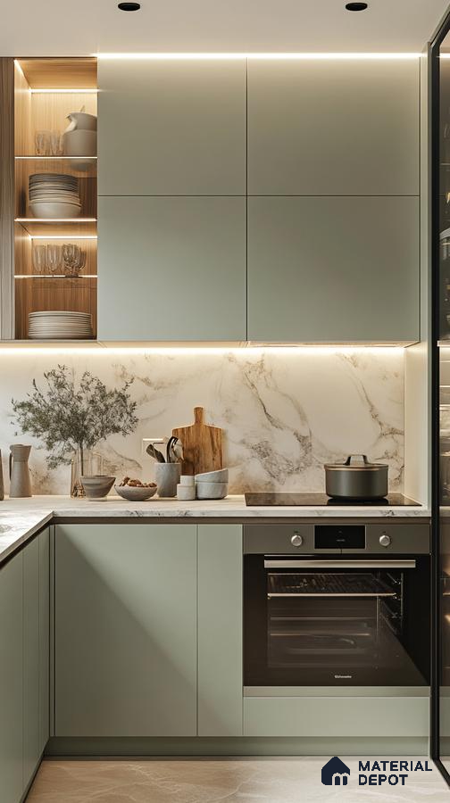 Modern Green and Marble Kitchen with Sleek Design Elements | Material Depot