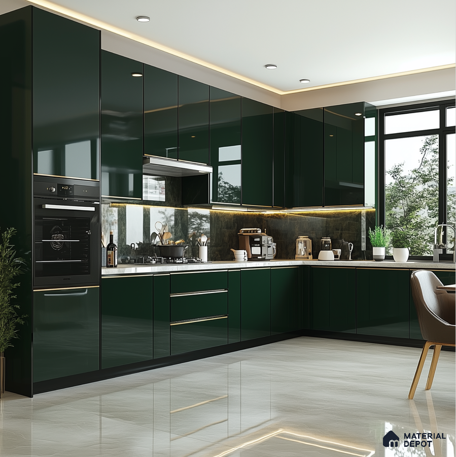 Modern Black and White Kitchen with Marble Finishes and Pendant Lights | Material Depot