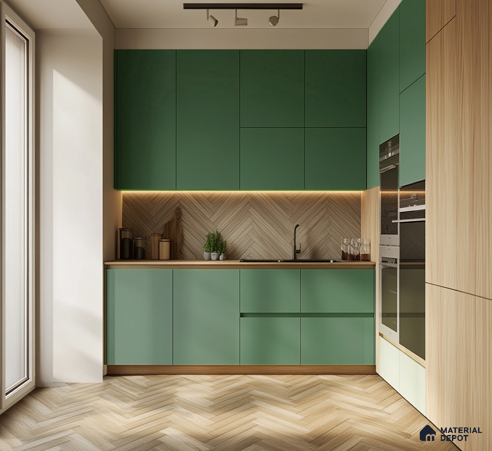 Modern Green Laminate Kitchen Cabinets with Wood Accents for Elegant Interiors | Material Depot
