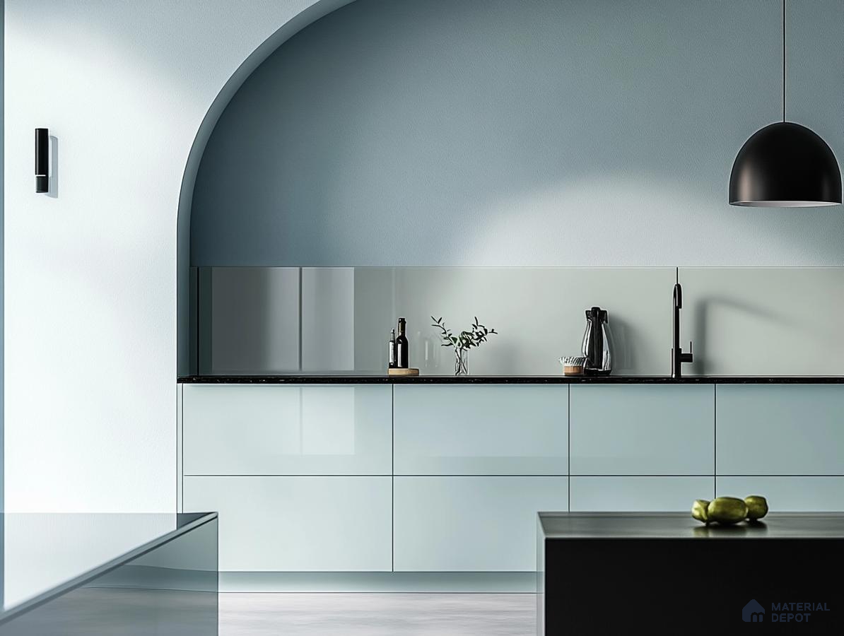 Modern Ice Blue Kitchen with Sleek Curved Design | Material Depot
