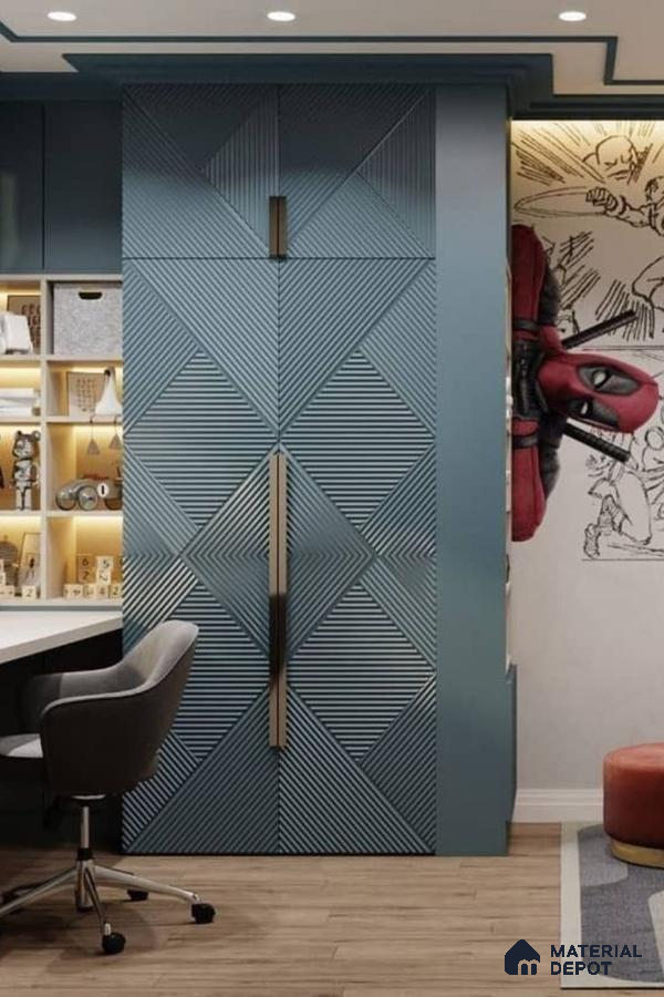 Modern kids room with blue geometric fluted wardrobe, open shelving, and wood-look flooring | Material Depot