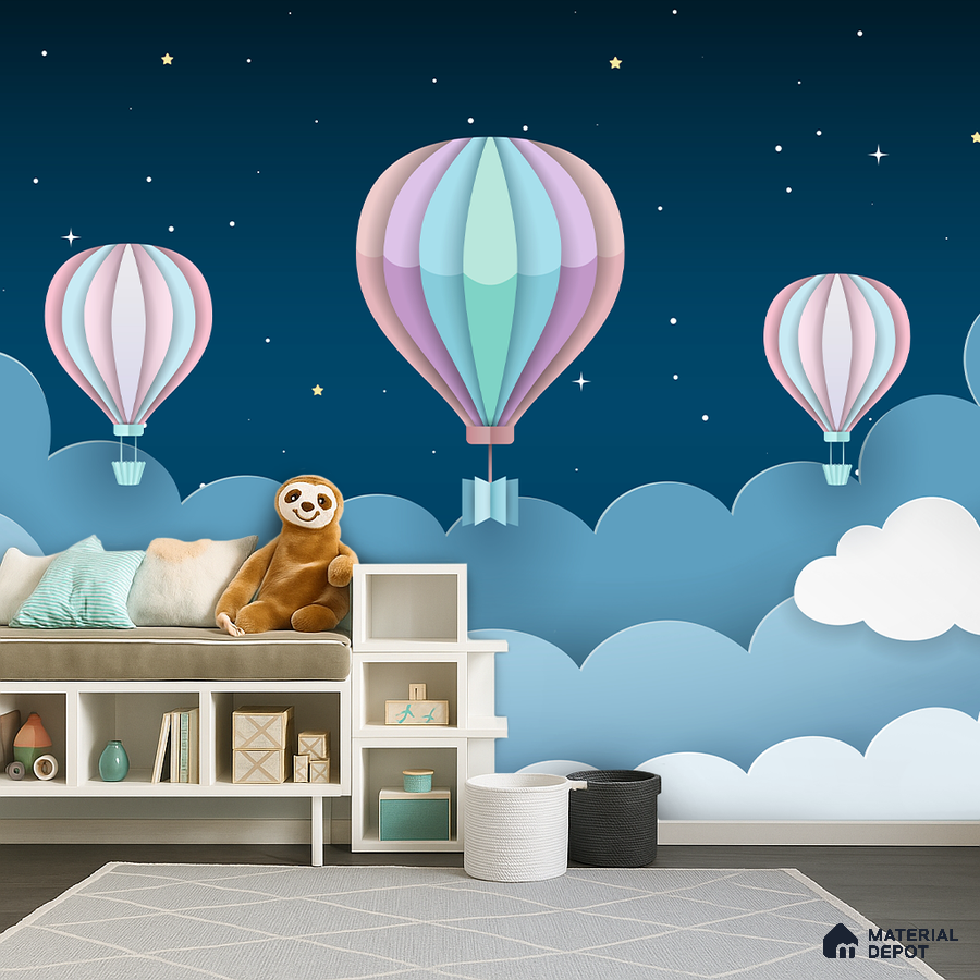 Modern kids room with pastel hot air balloon wallpaper and white modular storage in Bengaluru