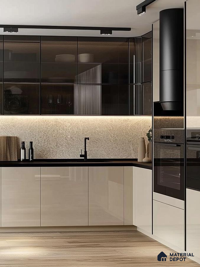 Modern Kitchen Design Featuring High-Gloss Cabinets and Textured Backsplash | Material Depot