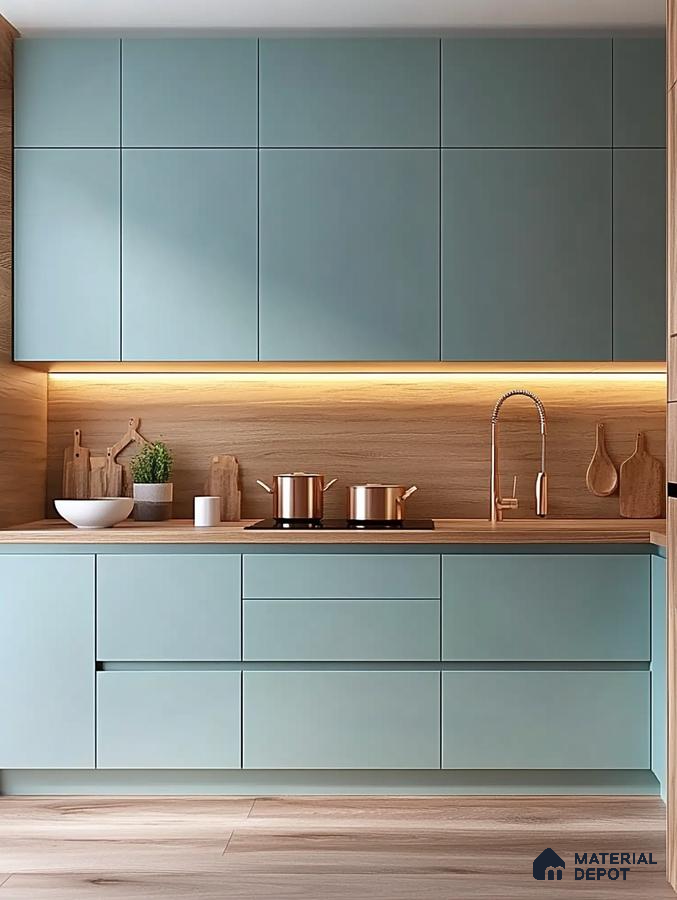 Modern Kitchen Design Highlighting Pastel Aqua Cabinetry and Natural Wood Elements | Material Depot