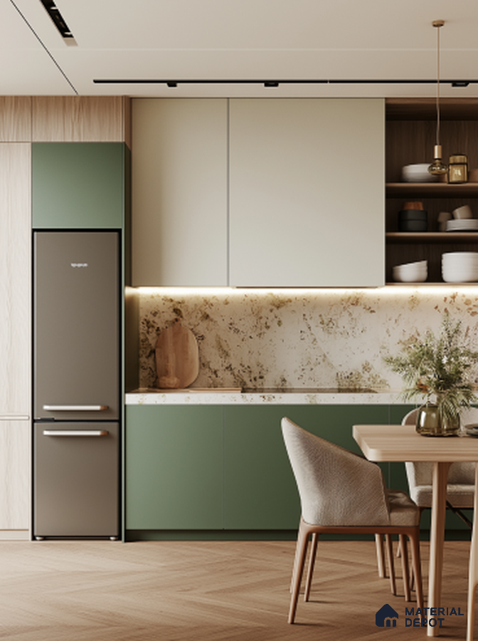 Modern Kitchen with Green Cabinets and Marble Effect Backsplash | Material Depot
