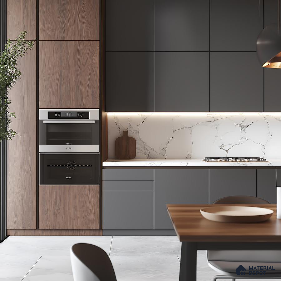 Modern Kitchen with Grey Cabinets, Marble Backsplash, and Wooden Accents | Material Depot
