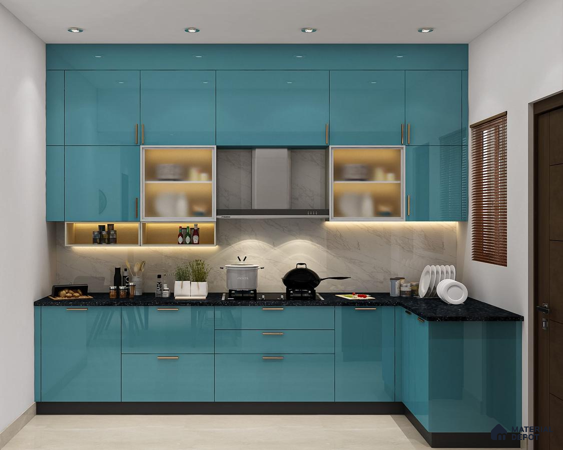 Modern kitchen with aqua blue high gloss laminate, black granite countertop, and marble-look backsplash in Bengaluru | Material Depot