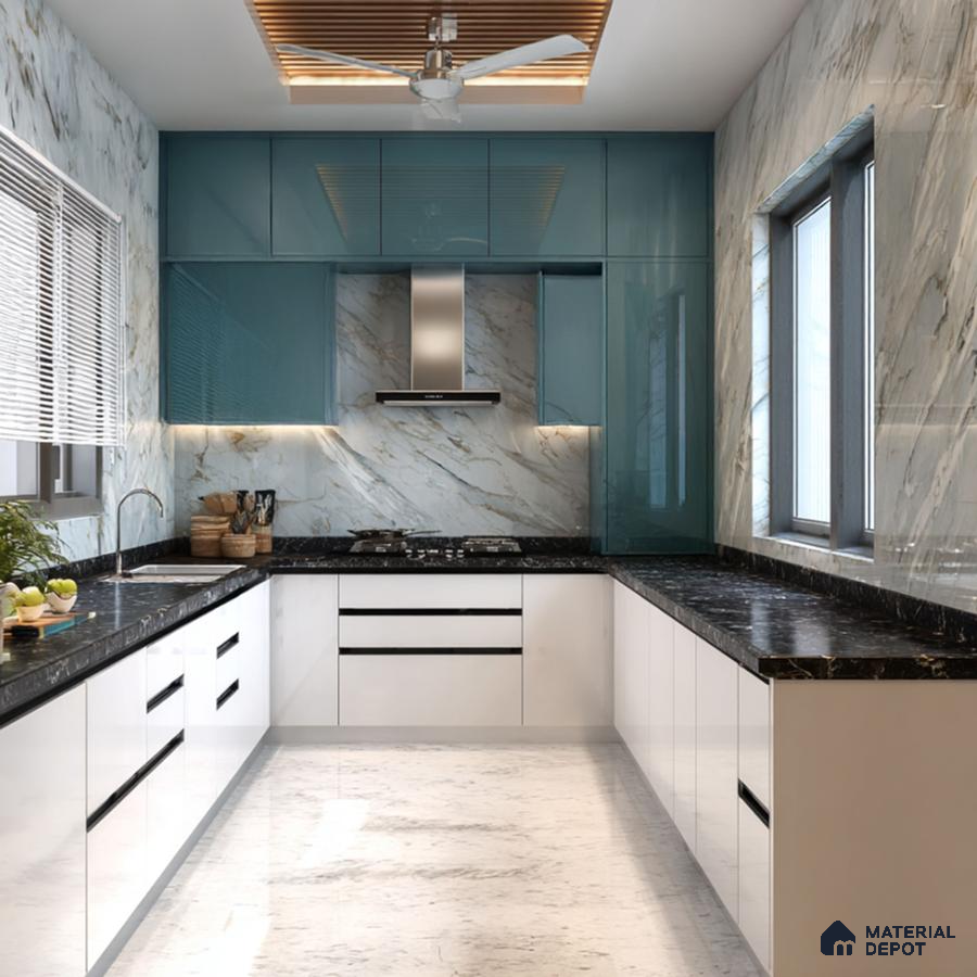 Modern kitchen with aqua blue high gloss laminate, white marble-look wall tiles, and black marble countertop in Bengaluru | Material Depot