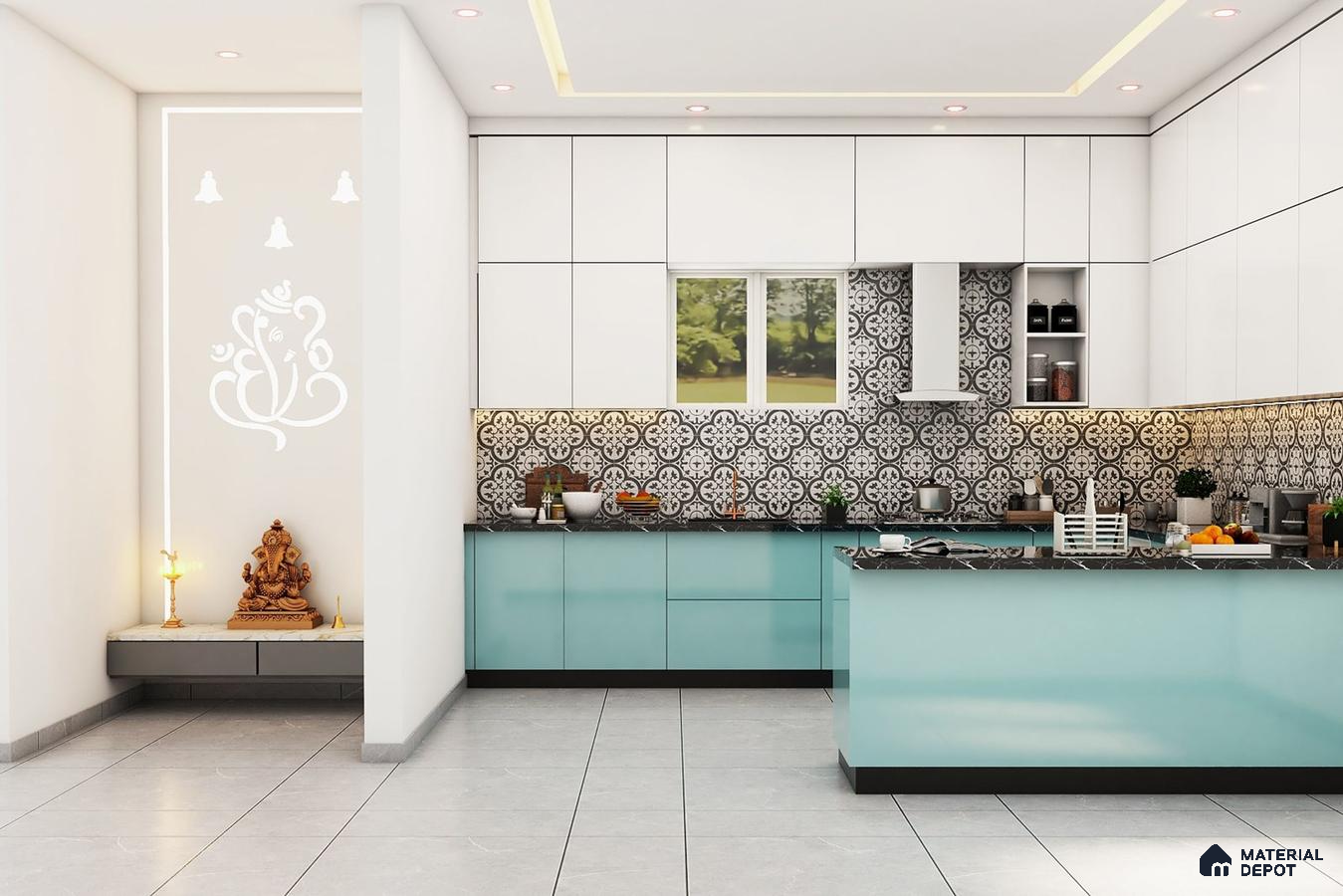 Modern kitchen with aqua blue laminate, white laminate, and black-and-white patterned backsplash tiles in Bengaluru | Material Depot
