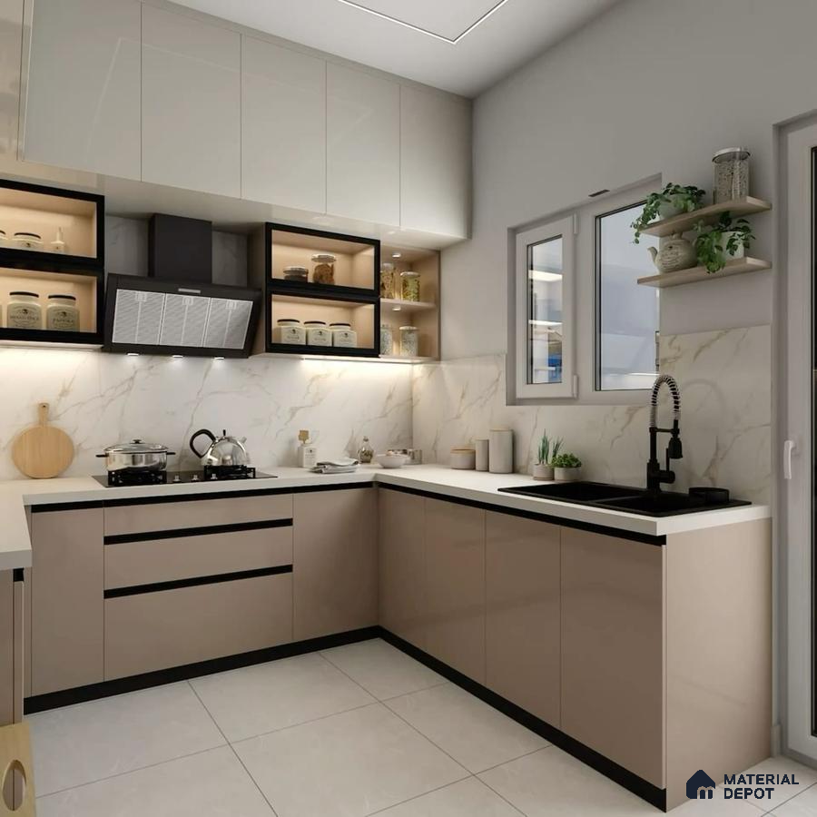 Modern kitchen with beige and frosty white laminate, marble-look backsplash, and white quartz countertop in Bengaluru | Material Depot