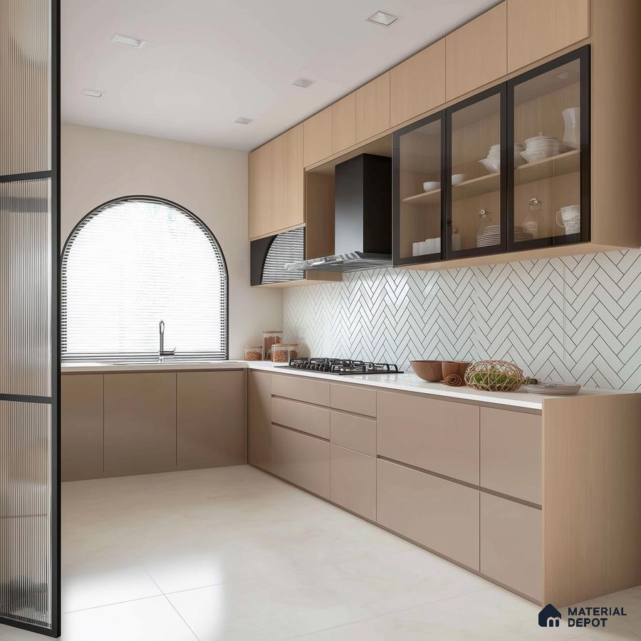 Modern kitchen with beige and light wood laminate, white quartz countertop, and herringbone subway tile backsplash in Bengaluru | Material Depot