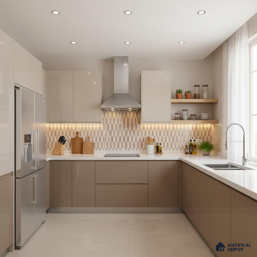Modern kitchen with beige and taupe laminate, white quartz countertop, and geometric beige backsplash tile in Bengaluru