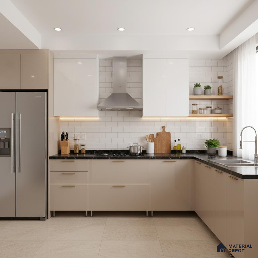 Modern kitchen with beige and white laminate cabinets, black granite countertop, and white subway tile backsplash in Bengaluru