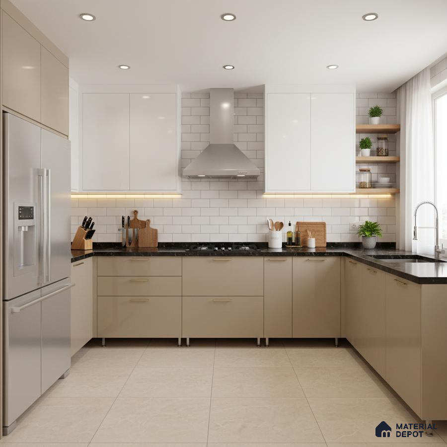 Modern kitchen with beige and white laminate cabinets, black granite countertop, and white subway tile backsplash in Bengaluru