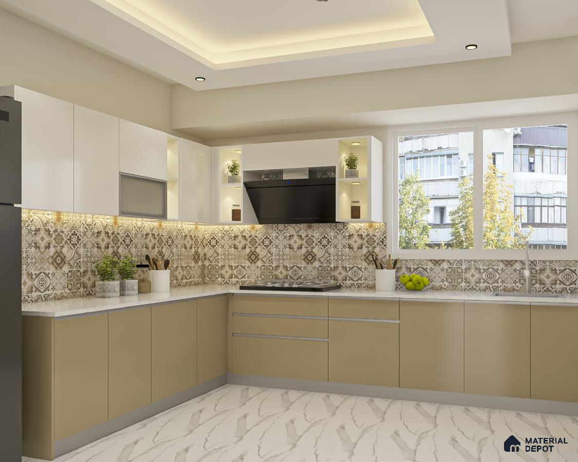 Modern kitchen with beige and white laminate, patterned backsplash tiles, and marble-look floor tiles in Bengaluru | Material Depot