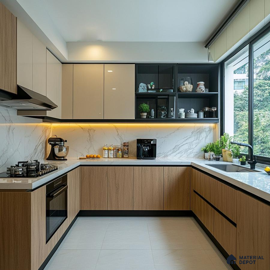 Modern kitchen with beige and wood grain laminate, white marble-look backsplash, and quartz countertop in Bengaluru | Material Depot