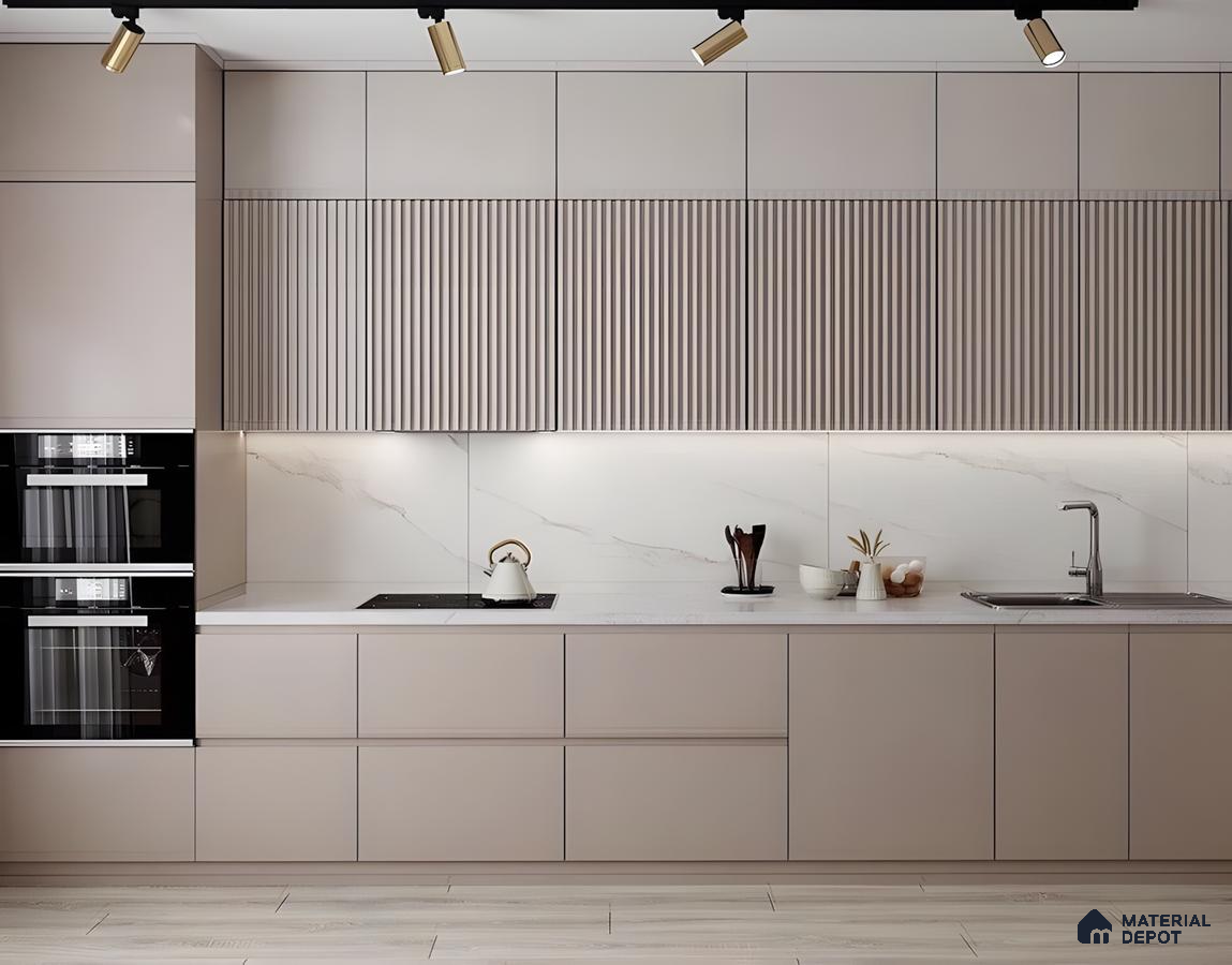 Modern Kitchen With Beige Cabinets And Marble-Patterned Tiles | Material Depot