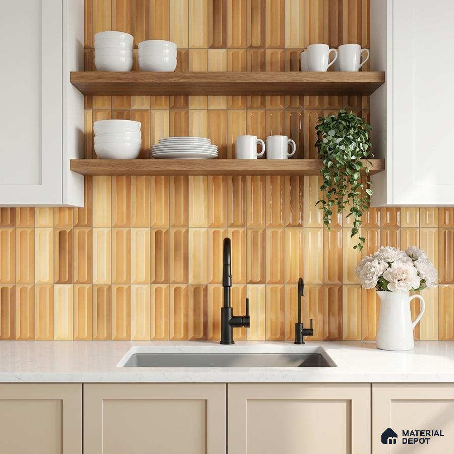 Modern kitchen with beige cabinets, white quartz countertop, and ochre popsicle pattern backsplash tiles