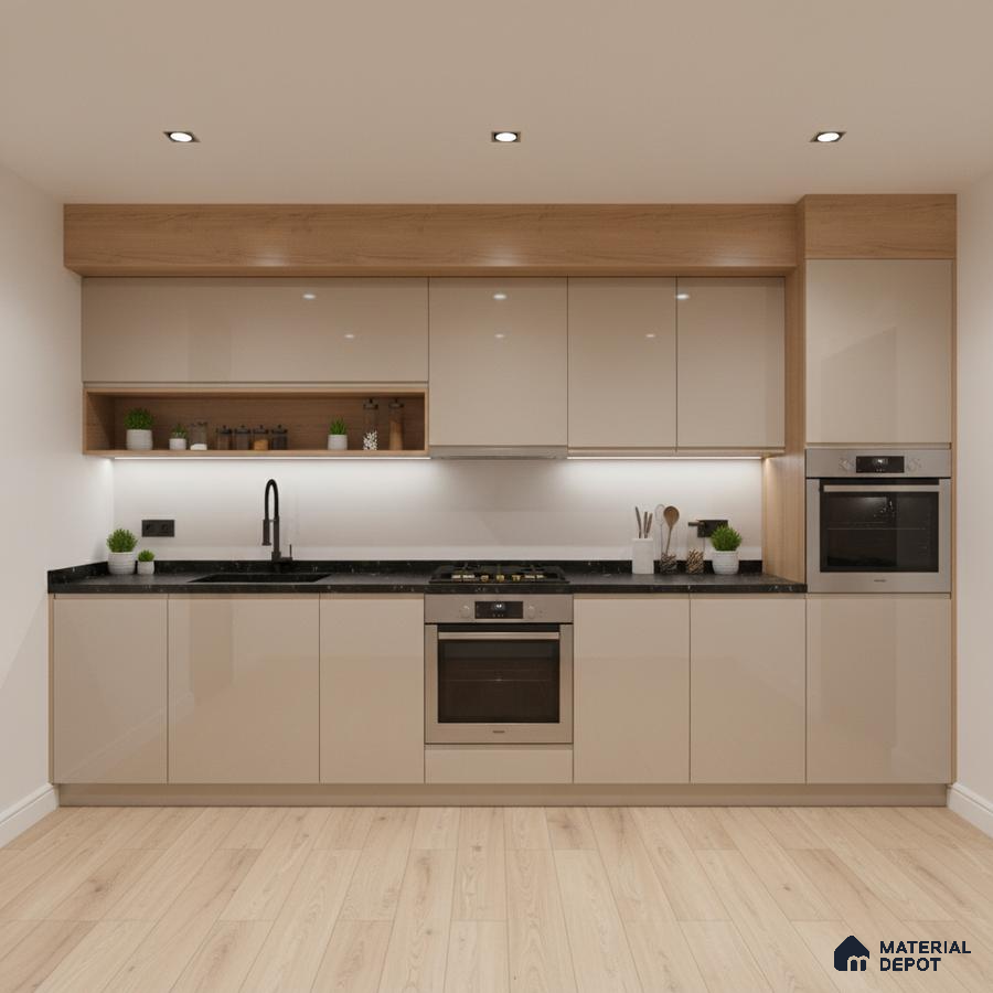 Modern kitchen with beige high gloss laminate, black granite countertop, and light oak wood accents in Bengaluru