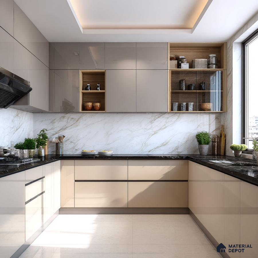 Modern kitchen with beige high gloss laminate, black marble countertop, and marble-look backsplash in Bengaluru | Material Depot