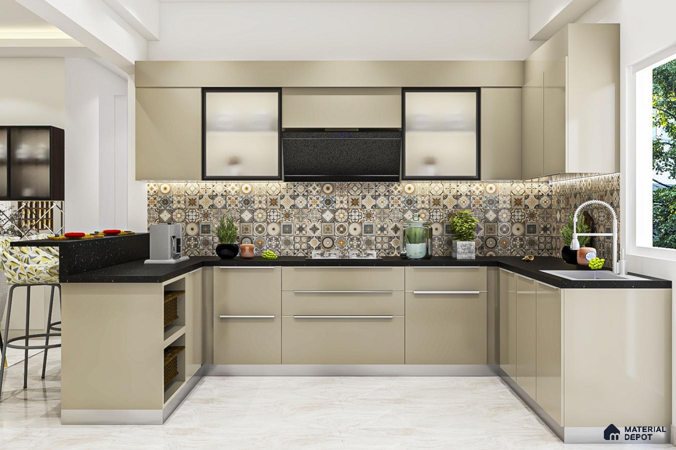 Modern kitchen with beige high gloss laminate, black quartz countertop, and patterned moroccan backsplash tiles in Bengaluru | Material Depot
