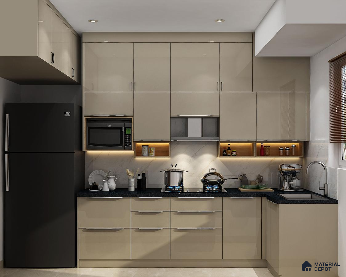 Modern kitchen with beige high gloss laminate cabinets and black granite countertop in Bengaluru | Material Depot