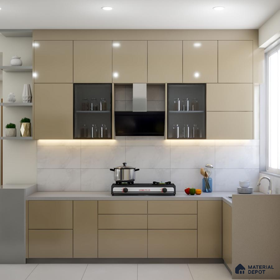 Modern kitchen with beige high gloss laminate cabinets and white marble-look backsplash tiles in Bengaluru | Material Depot