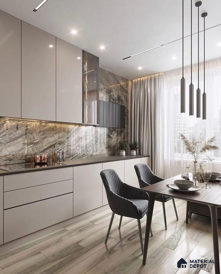Modern kitchen with beige high gloss laminate cabinets, marble backsplash, and light wood-look floor tile in Bengaluru | Material Depot
