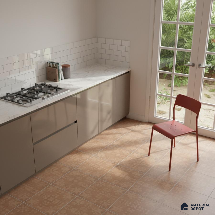 Modern kitchen with beige high gloss laminate cabinets, white marble countertop, and white subway backsplash tiles in Bengaluru