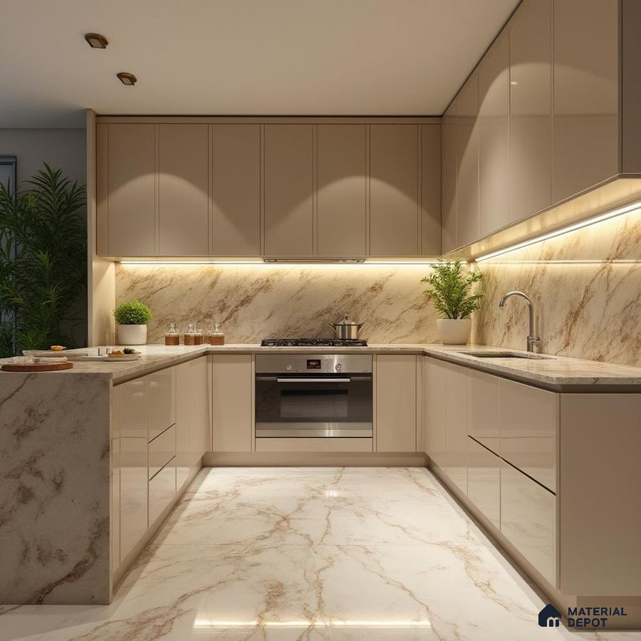 Modern kitchen with beige high gloss laminate, marble-look quartz countertop, and marble-look backsplash in Bengaluru | Material Depot