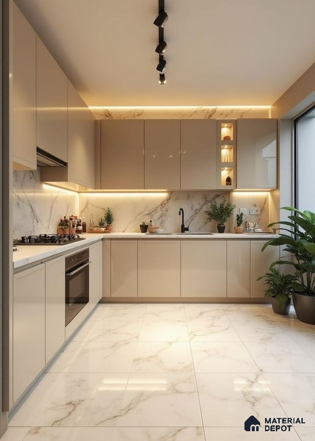 Modern kitchen with beige high gloss laminate, white marble-look backsplash and countertop, and marble floor tiles in Bengaluru | Material Depot