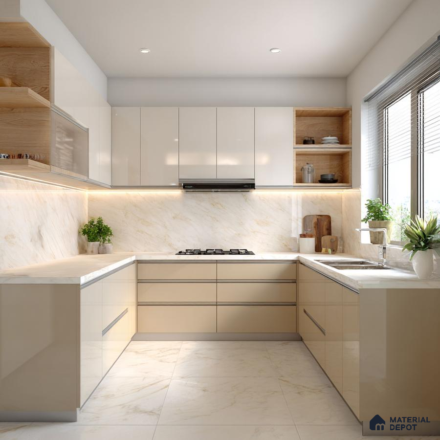 Modern kitchen with beige high gloss laminate, white marble-look backsplash and countertop, and marble floor tiles in Bengaluru | Material Depot