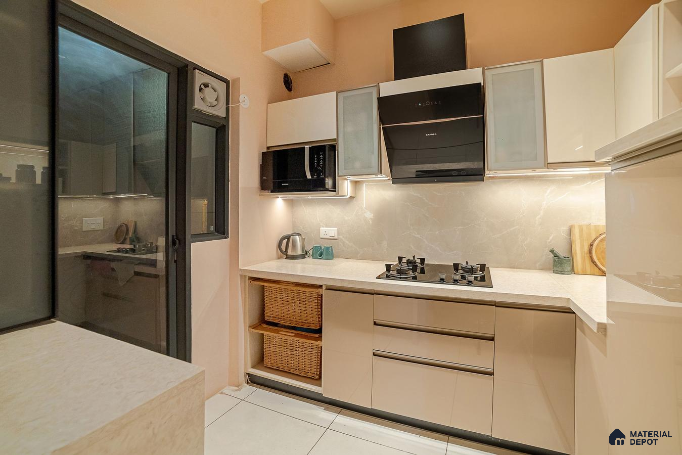 Modern kitchen with beige high gloss laminate, white marble-look backsplash, and quartz countertop in Bengaluru | Material Depot