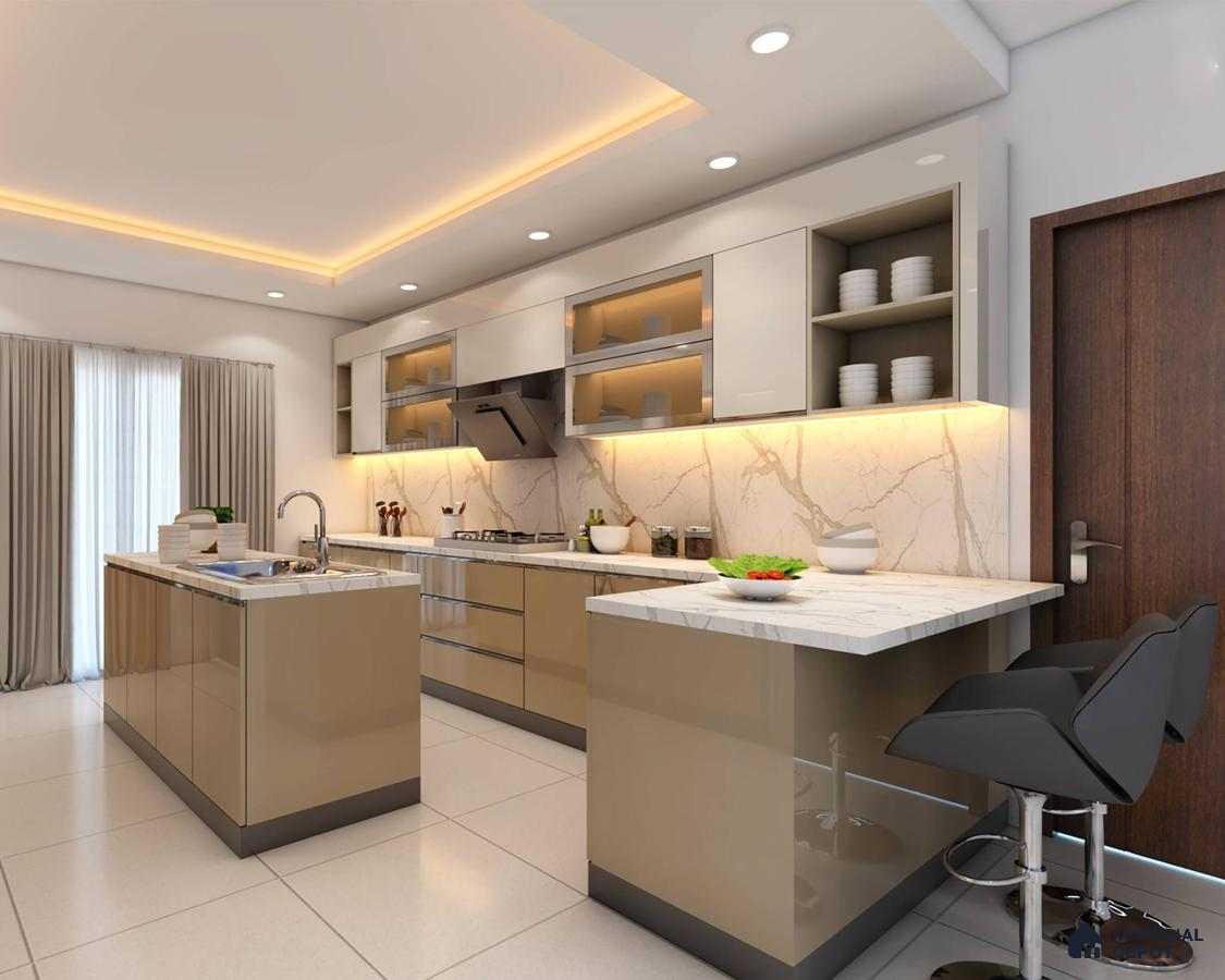 Modern kitchen with beige high gloss laminate, white marble-look backsplash, and quartz countertop in Bengaluru | Material Depot