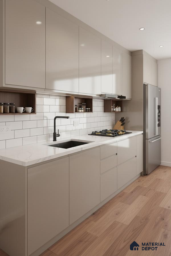 Modern kitchen with beige high gloss laminate, white marble-look quartz countertop, and subway tile backsplash in Bengaluru