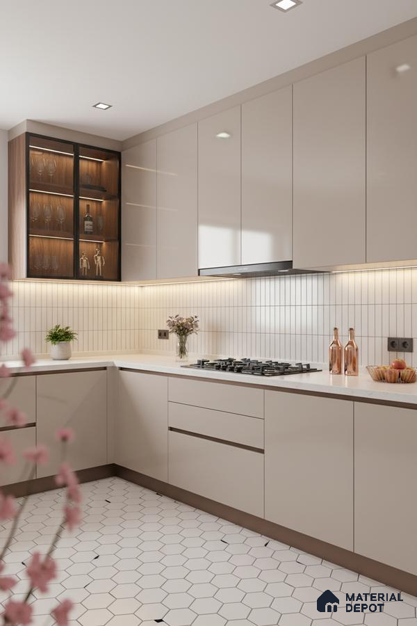 Modern kitchen with beige high gloss laminate, white quartz countertop, and hexagonal floor tiles in Bengaluru