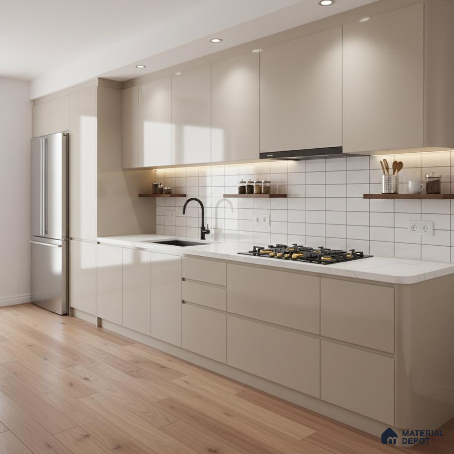 Modern kitchen with beige high gloss laminate, white quartz countertop, and subway backsplash tiles in Bengaluru
