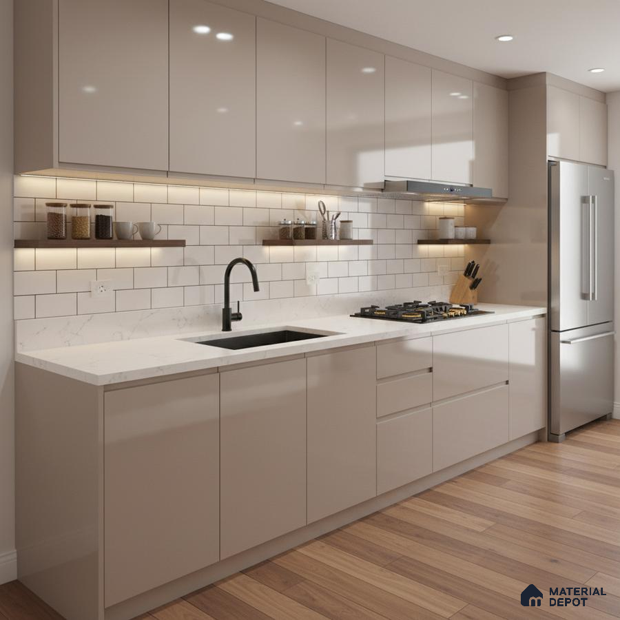 Modern kitchen with beige high gloss laminate, white quartz countertop, and subway backsplash tiles in Bengaluru
