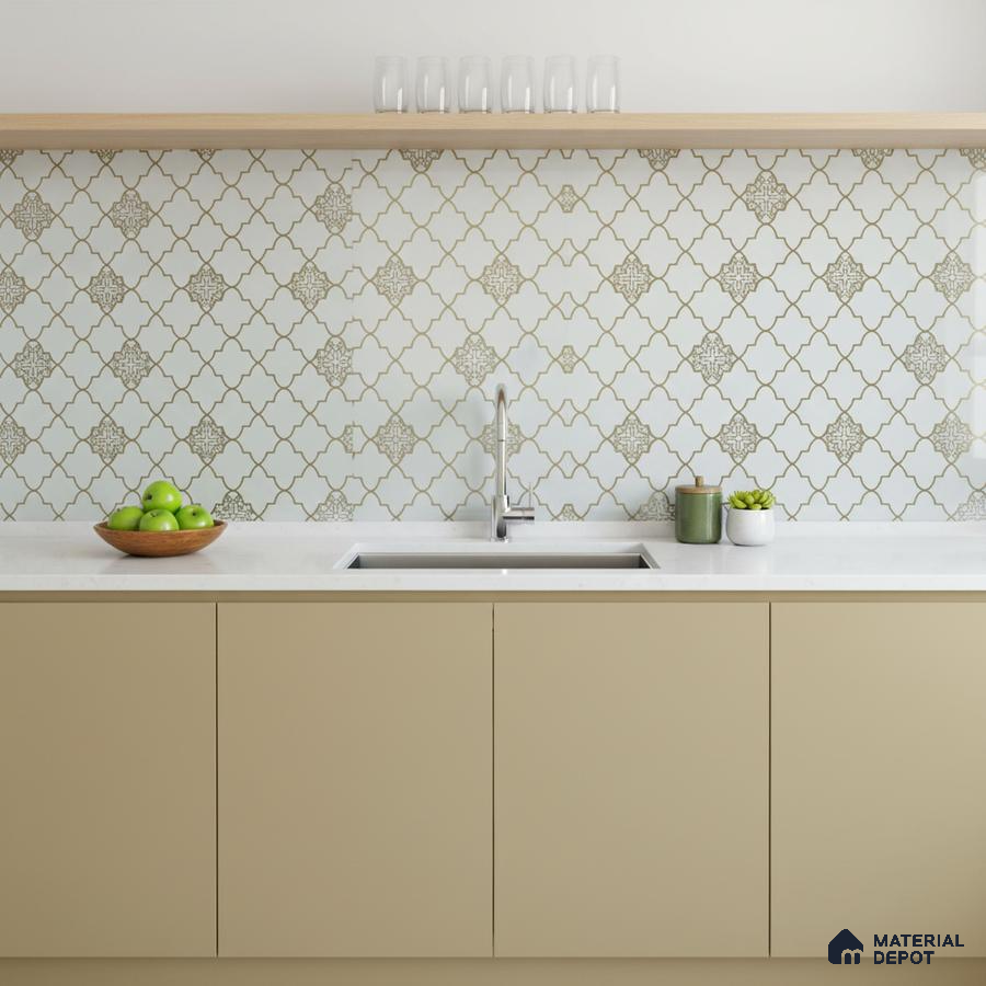 Modern kitchen with beige laminate cabinets, white quartz countertop, and moroccan patterned backsplash tile