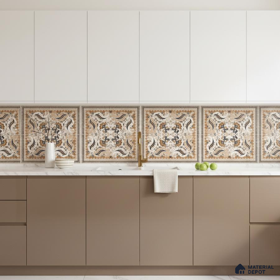 Modern kitchen with beige laminate cabinets, white solid laminate shutters, and ornate patterned backsplash tiles in Bengaluru